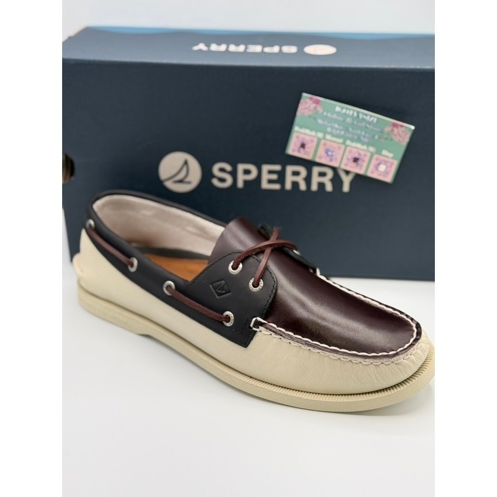 Sperry Top-Sider AO 2-Eye Boat Shoe Cream/Brn Combo Leather Mens Size 11.5 NWT